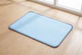 CoolDen self-cooling gel dog mat in ice blue with slate gray border, laid flat on a wood floor