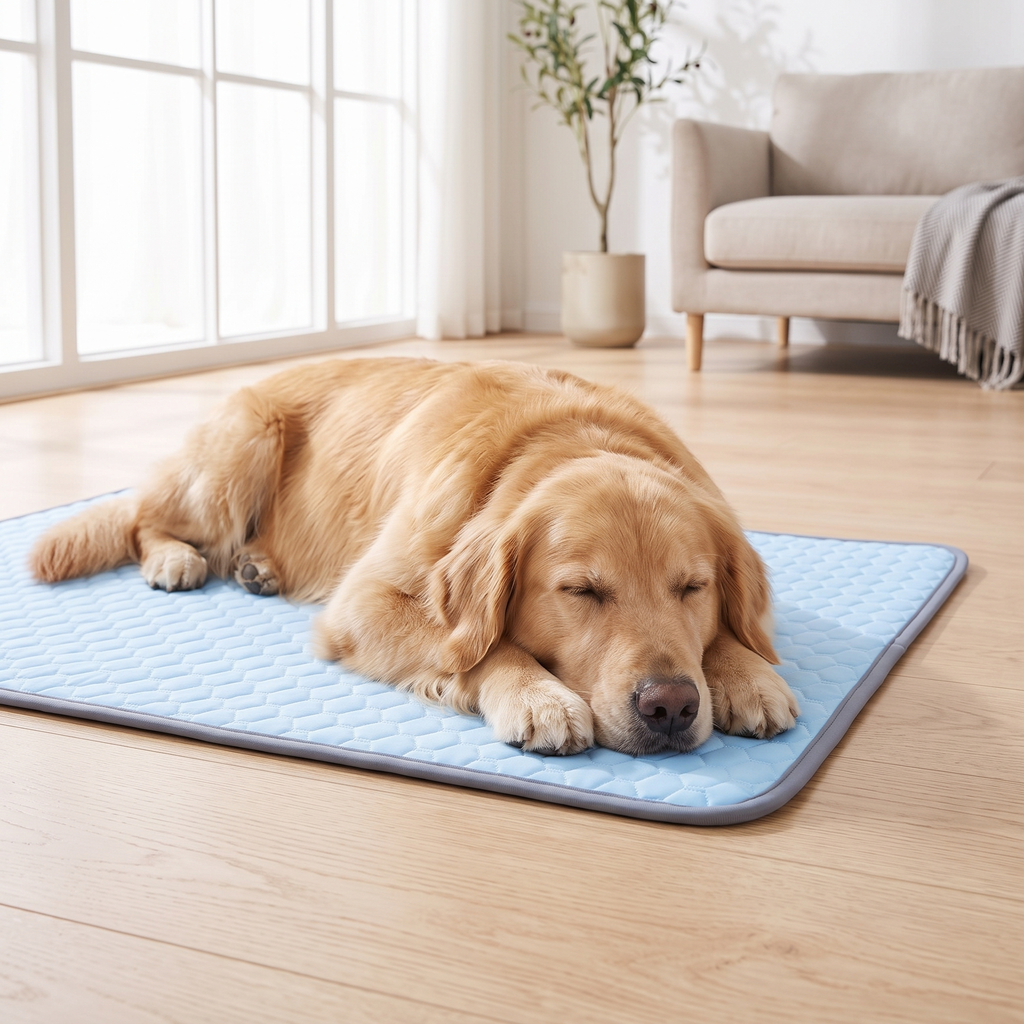 Golden retriever resting comfortably on the CoolDen cooling mat in a bright living room