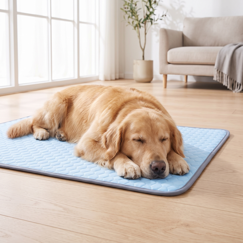 Golden retriever resting comfortably on the CoolDen cooling mat in a bright living room