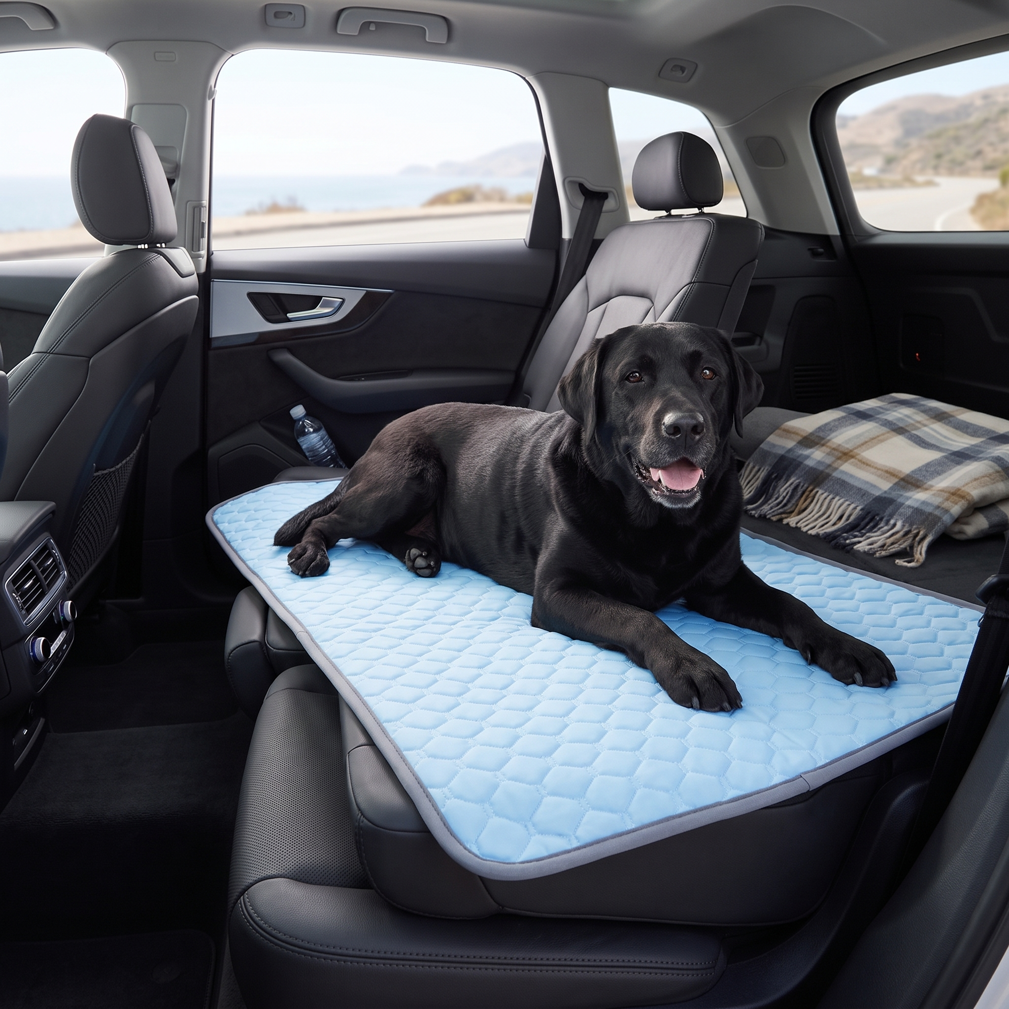 Black labrador relaxing on the CoolDen mat spread across an SUV back seat