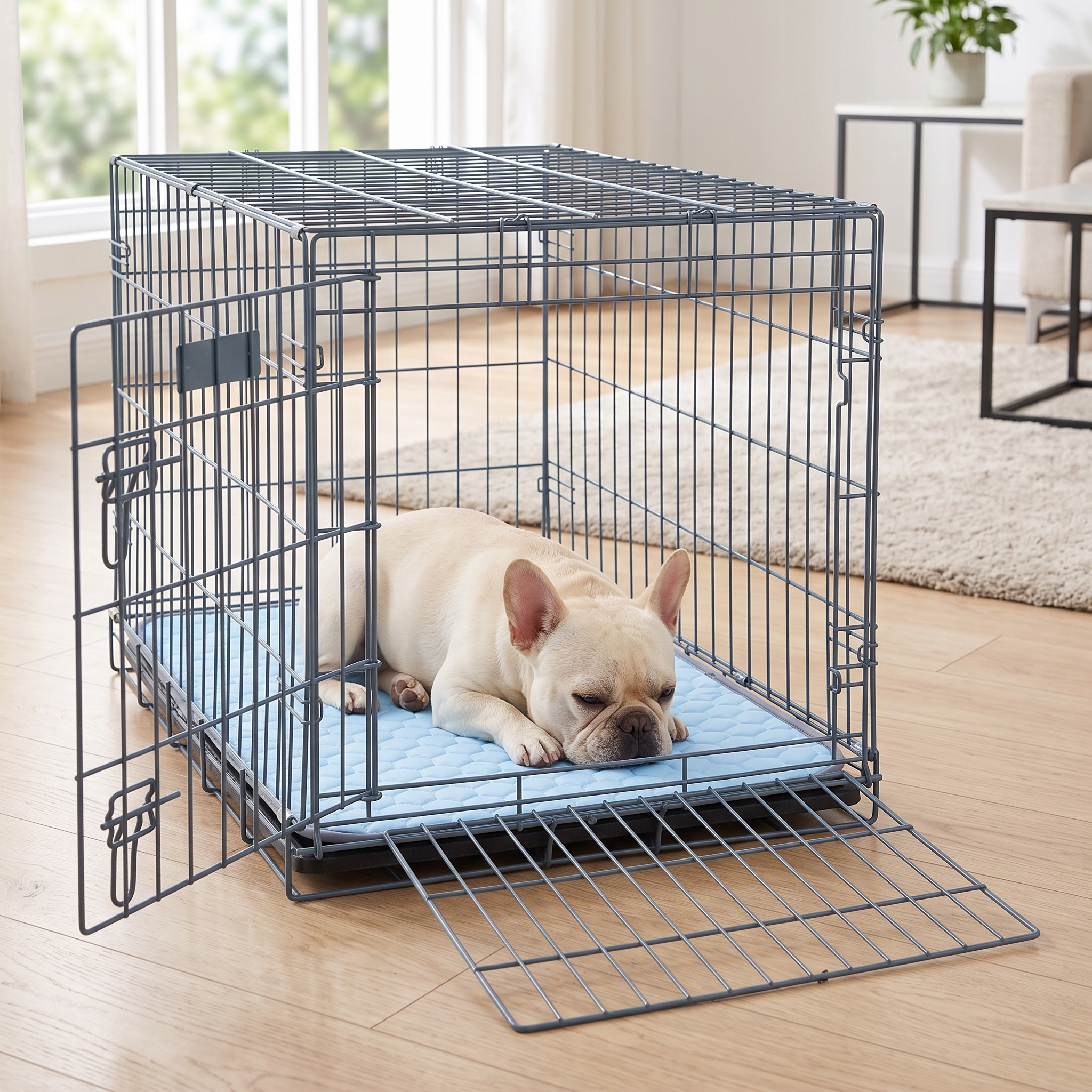 French bulldog napping on the CoolDen mat inside a wire crate