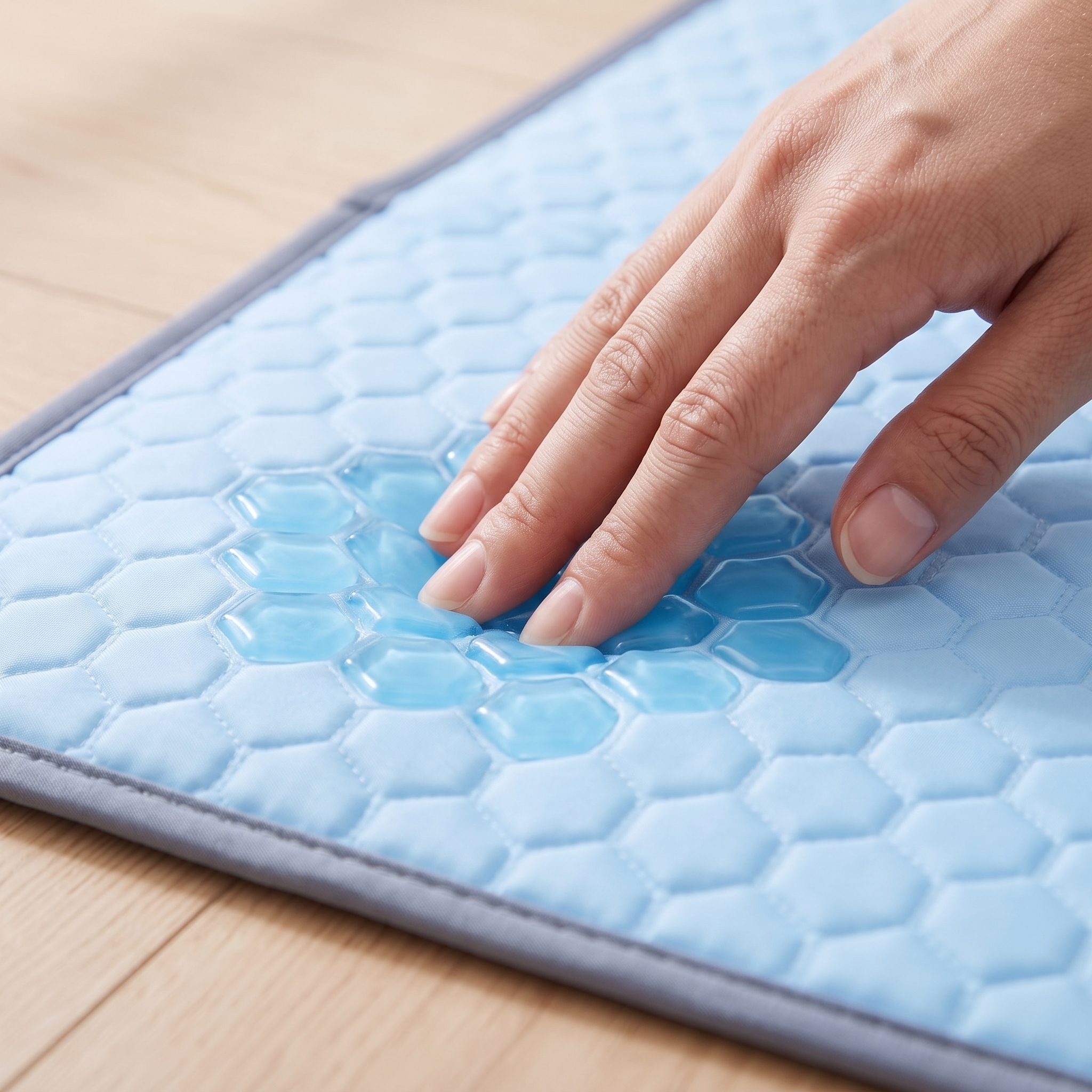 Close up of a hand pressing the honeycomb cooling gel channels of the CoolDen mat