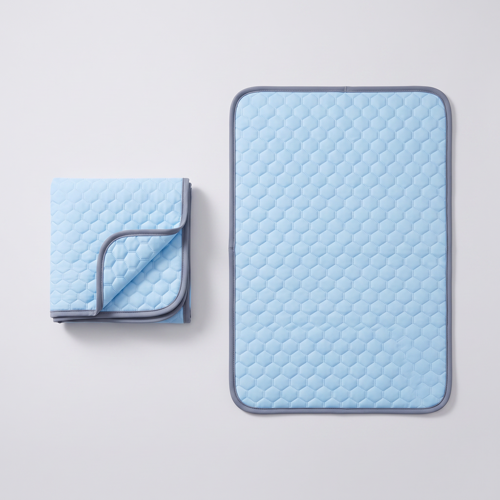 CoolDen mat shown folded compactly beside the same mat laid flat