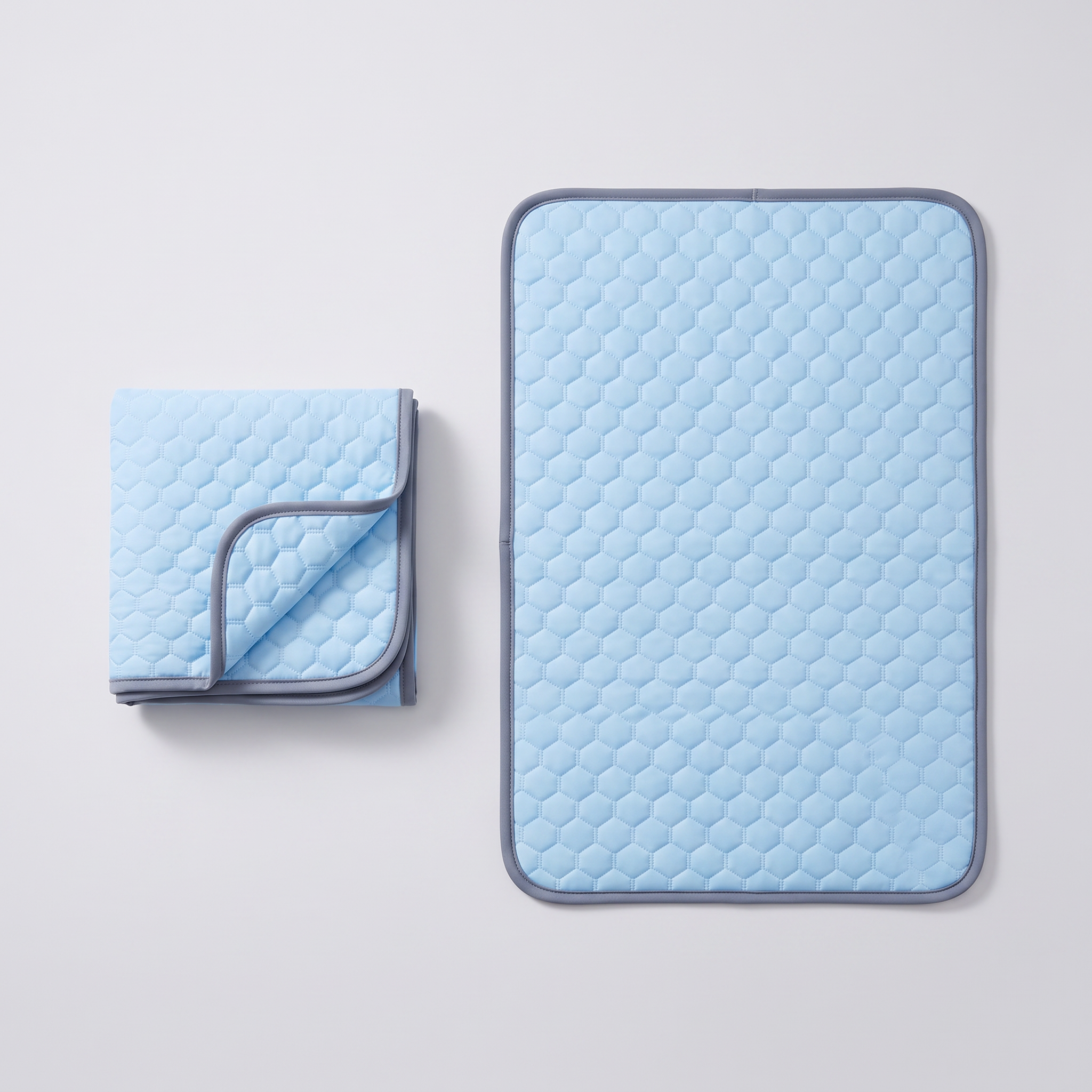 CoolDen mat shown folded compactly beside the same mat laid flat