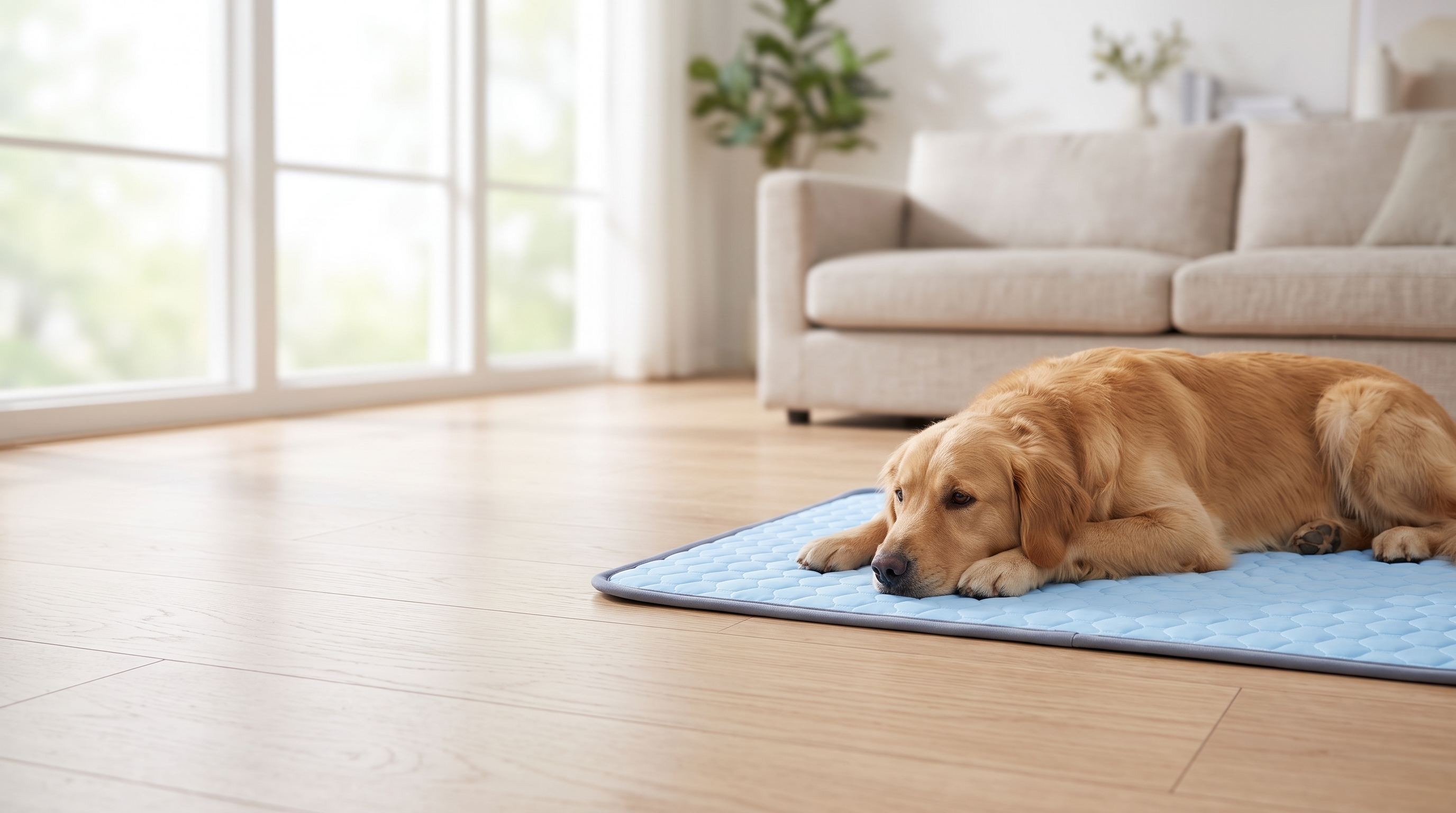 Golden retriever resting on the CoolDen cooling mat in a bright living room — Pawverra homepage hero